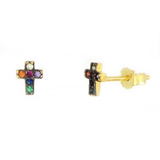 Ασημένια σκουλαρίκια καρφωτά επίχρυσα με πολύχρωμα ζιργκόν και σχέδιο σταυρό