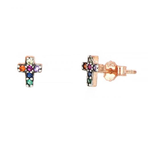 925 Sterling Silver stud earrings rose gold plated with multicolored cubic zirconia and a cross design