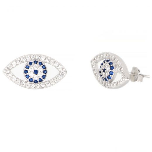 925 Sterling Silver stud earrings rhodium plated with white and blue cubic zirconia and evil eyes design