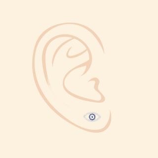 925 Sterling Silver stud earrings rhodium plated with white and blue cubic zirconia and evil eyes design - 