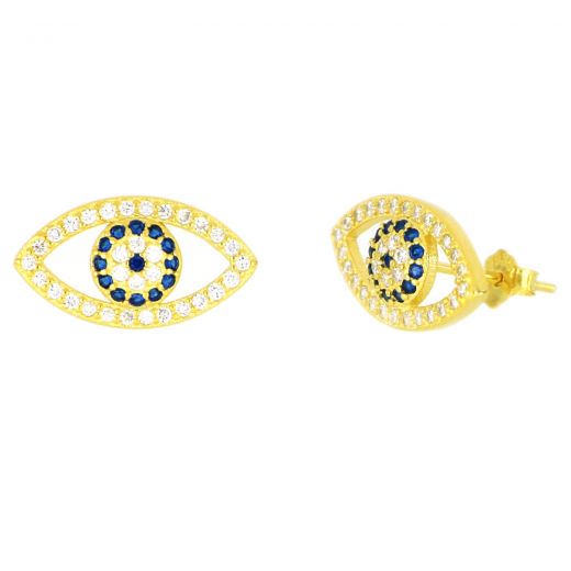 925 Sterling Silver stud earrings gold plated with white/blue cubic zirconia and evil eyes design