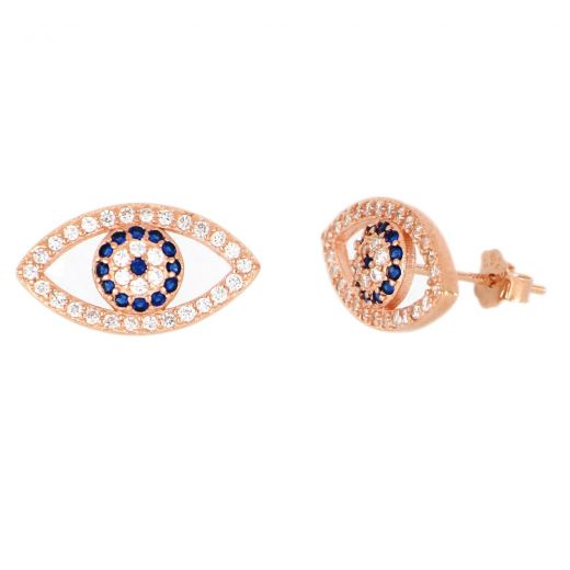 925 Sterling Silver earrings rose gold plated with white/blue cubic zirconia and evil eyes design