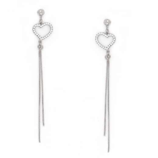 925 Sterling Silver stud earrings rhodium plated with a heart and white cubic zirconia