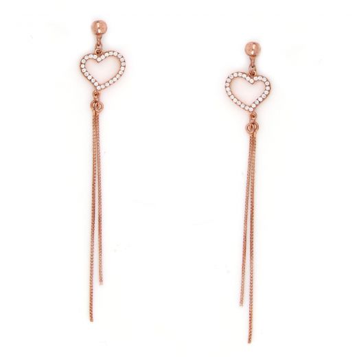 925 Sterling Silver stud earrings rose gold plated with a heart design and little chains
