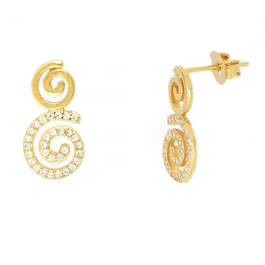 925 Sterling Silver stud earrings gold plated with white cubic zirconia and a spiral design