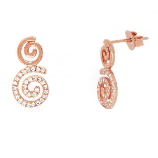 925 Sterling Silver stud earrings rose gold plated with white cubic zirconia and a spiral design
