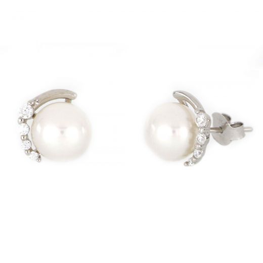 925 Sterling Silver stud earrings with white cubic zirconia and a fresh water pearl in the center