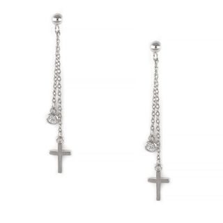925 Sterling Silver earrings rhodium plated with little chains design and a cross 925 Sterling Silver earrings rhodium plated with little chains design and a cross