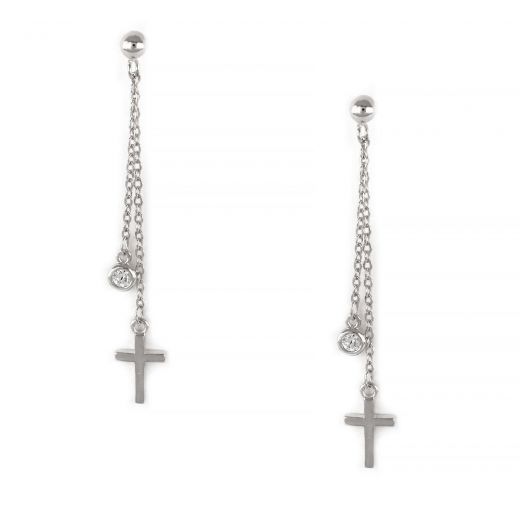 925 Sterling Silver earrings rhodium plated with little chains design and a cross