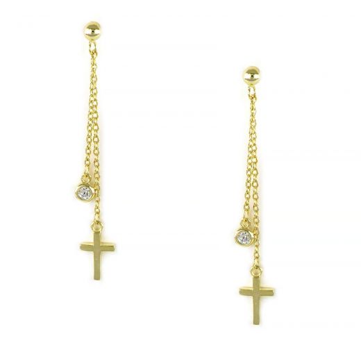 925 Sterling Silver earrings gold plated with a cross, little chains and white cubic zirconia