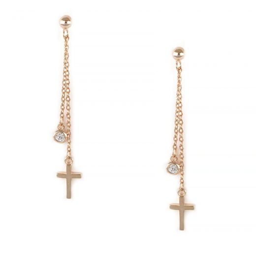 925 Sterling Silver earrings rose gold plated with two little chains with white cubic zirconia and a cross