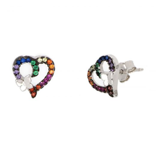 925 Sterling Silver earrings rhodium plated with colorful cubic zirconia heart design!