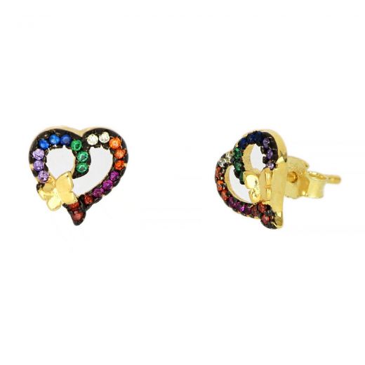 Ασημένια σκουλαρίκια καρφωτά επίχρυσα με πολύχρωμα ζιργκόν σχέδιο καρδιά