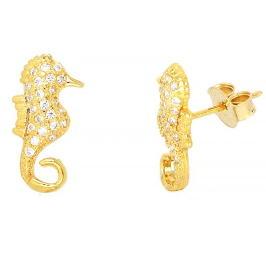 925 Sterling Silver earrings gold plated with white cubic zirconia, Hippocampous