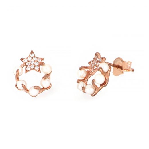 925 Sterling Silver earrings with rose gold plating, white pearls and cubic zirconia.