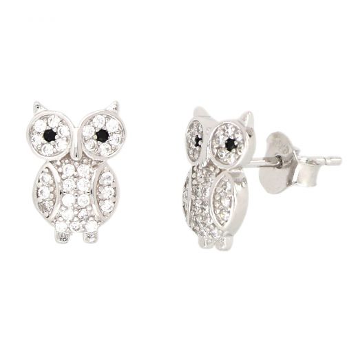 925 Sterling Silver earrings rhodium plated with white cubic zirconia, Owls