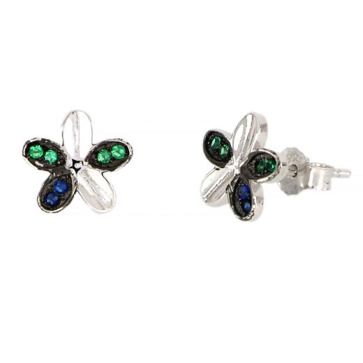 925 Sterling Silver earrings rhodium plated with colorful cubic zirconia, flowers design