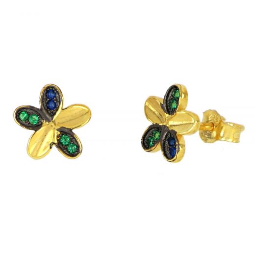 925 Sterling Silver earrings gold plated with colorful cubic zirconia, flowers design