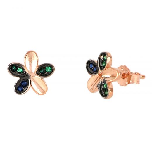 925 Sterling Silver earrings with rose gold plating and colorful cubic zirconia, flowers design