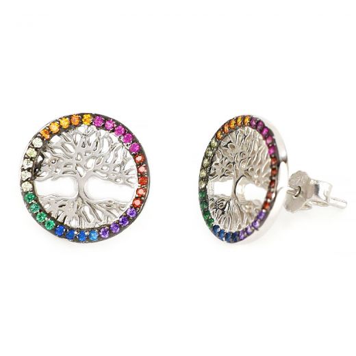 925 Sterling Silver stud earrings rhodium plated with trees of life and multicolor cubic zirconia SK11497-01