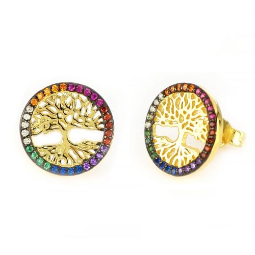 Ασημένια σκουλαρίκια καρφωτά επίχρυσα με σχέδιο δεντράκια της ζωής και πολύχρωμα ζιργκόν