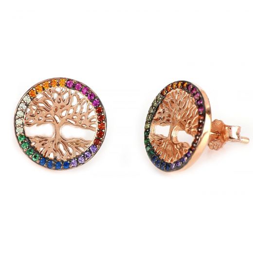 925 Sterling Silver stud earrings rose gold plated with trees of life and multicolor cubic zirconia SK11497-03