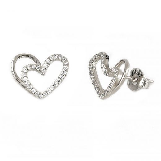 925 Sterling Silver stud heart shaped earrings rhodium plated with white cubic zirconia