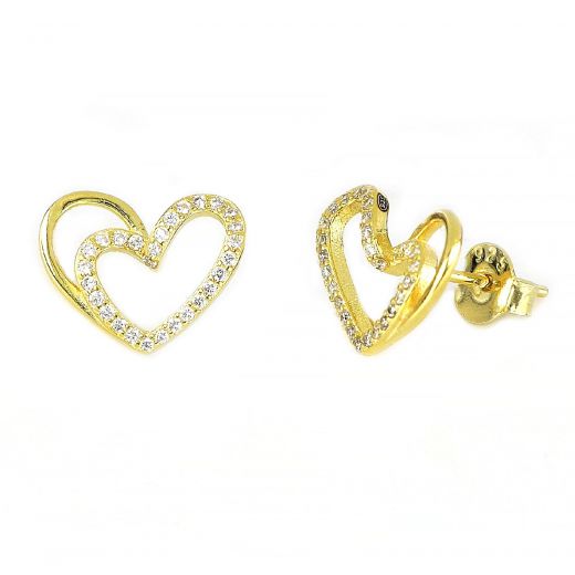 925 Sterling Silver stud heart shaped earrings gold plated with white cubic zirconia
