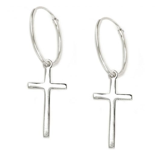 925 Sterling silver earrings rings 16mm with pendant cross (11523-01)