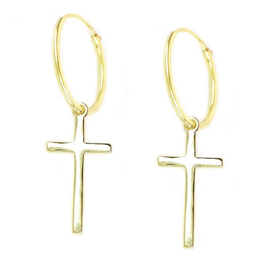 925 Sterling Silver gold plated earrings rings 16mm with pendant cross