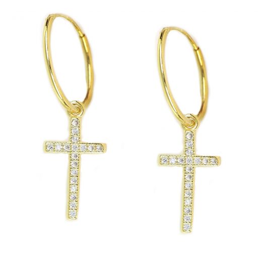 925 Sterling Silver gold plated earrings rings 16mm small cross with zircon