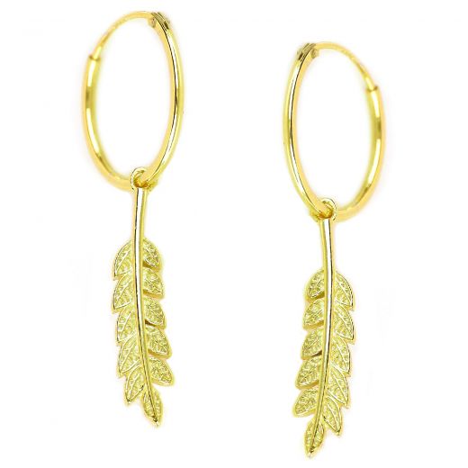 925 Sterling Silver gold plated earrings rings 16mm with pendant feather
