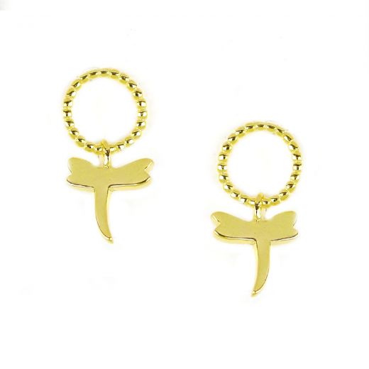 925 Sterling Silver gold plated stud earrings with pendant dragonfly