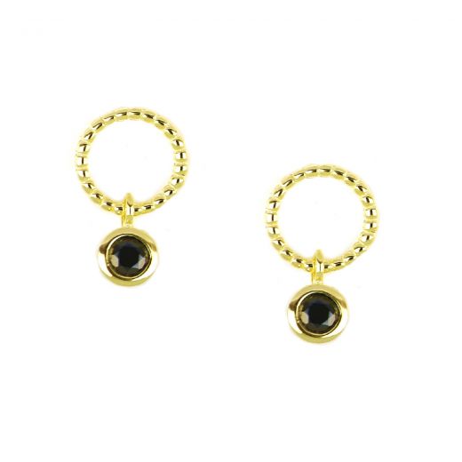 925 Sterling Silver gold plated stud earrings with pendant round black zircon
