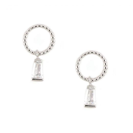 Ασημένια σκουλαρίκια καρφωτά επιροδιωμένα με κρεμαστή λευκή πέτρα ζιργκόν
