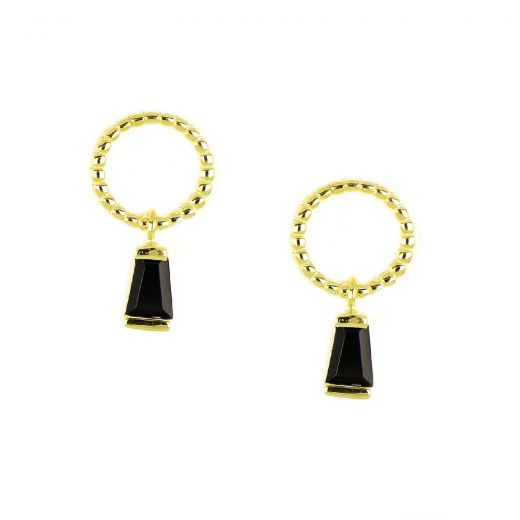 925 Sterling Silver gold plated stud earrings with pendant big black zircon
