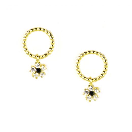 925 Sterling Silver gold plated stud earrings pendant flower with white and black zircons