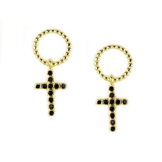 925 Sterling Silver gold plated stud earrings with cross black zircon
