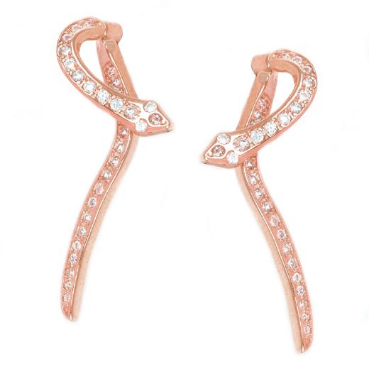 Ασημένια σκουλαρίκια με ροζ επιχρύσωμα κρεμαστά φίδια με λευκά ζιργκόν "SNAKES"