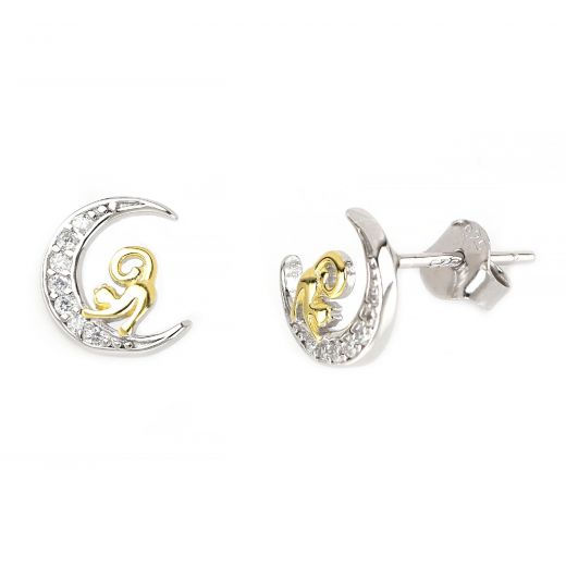 925 Sterling Silver two-tone stud earrings with moon with white cubic zirconia and cat design