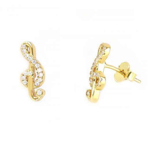 925 Sterling Silver gold plated stud earrings with clef design and white cubic zirconia