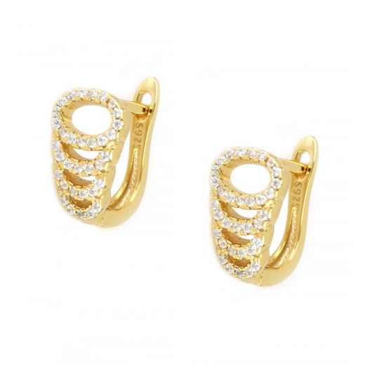925 Sterling Silver stud earrings gold plated with oval designs and white cubic zirconia