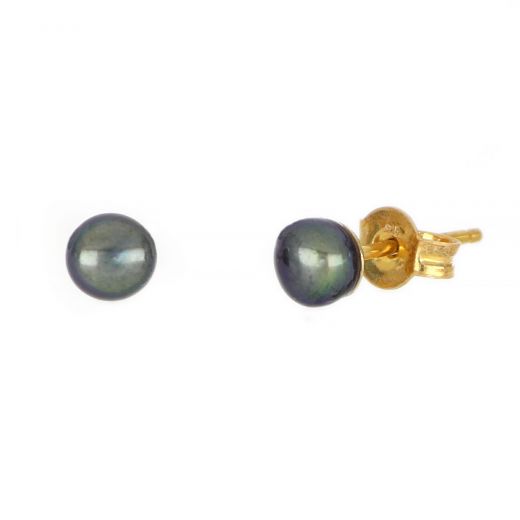 925 Sterling Silver earrings  gold plated with black freshwater pearls 5mm