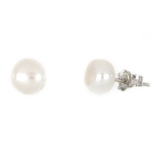 925 Sterling Silver earrings rhodium plated with white freshwater pearls 7mm