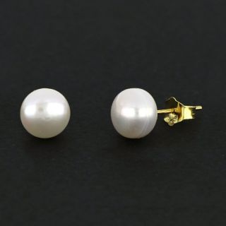 Ασημένια σκουλαρίκια καρφωτά επίχρυσα με λευκό φυσικό μαργαριτάρι 8mm - 