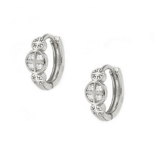925 Sterling Silver rhodium plated earrings with round design and cross