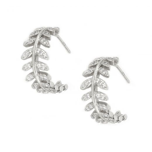 925 Sterling Silver rhodium plated earrings with white cubic zirconia and leaves design