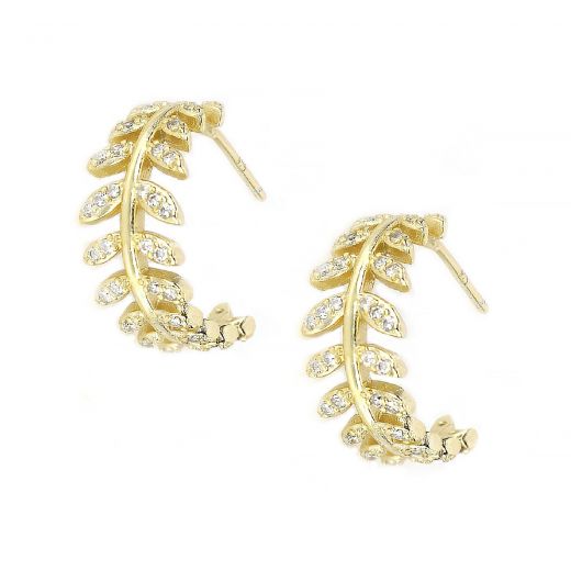 925 Sterling Silver gold plated earrings with white cubic zirconia and leaves design