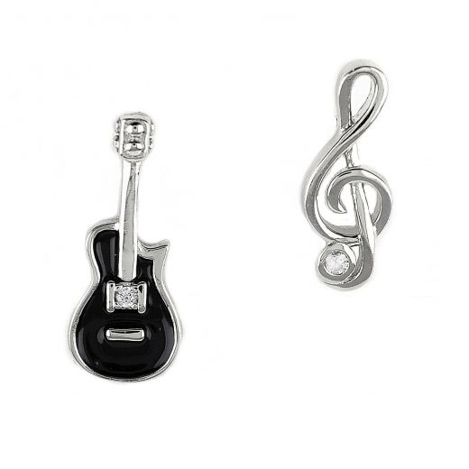 925 Sterling Silver rhodium plated earrings with a guitar and clef design
