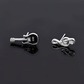 925 Sterling Silver rhodium plated earrings with a guitar and clef design - 